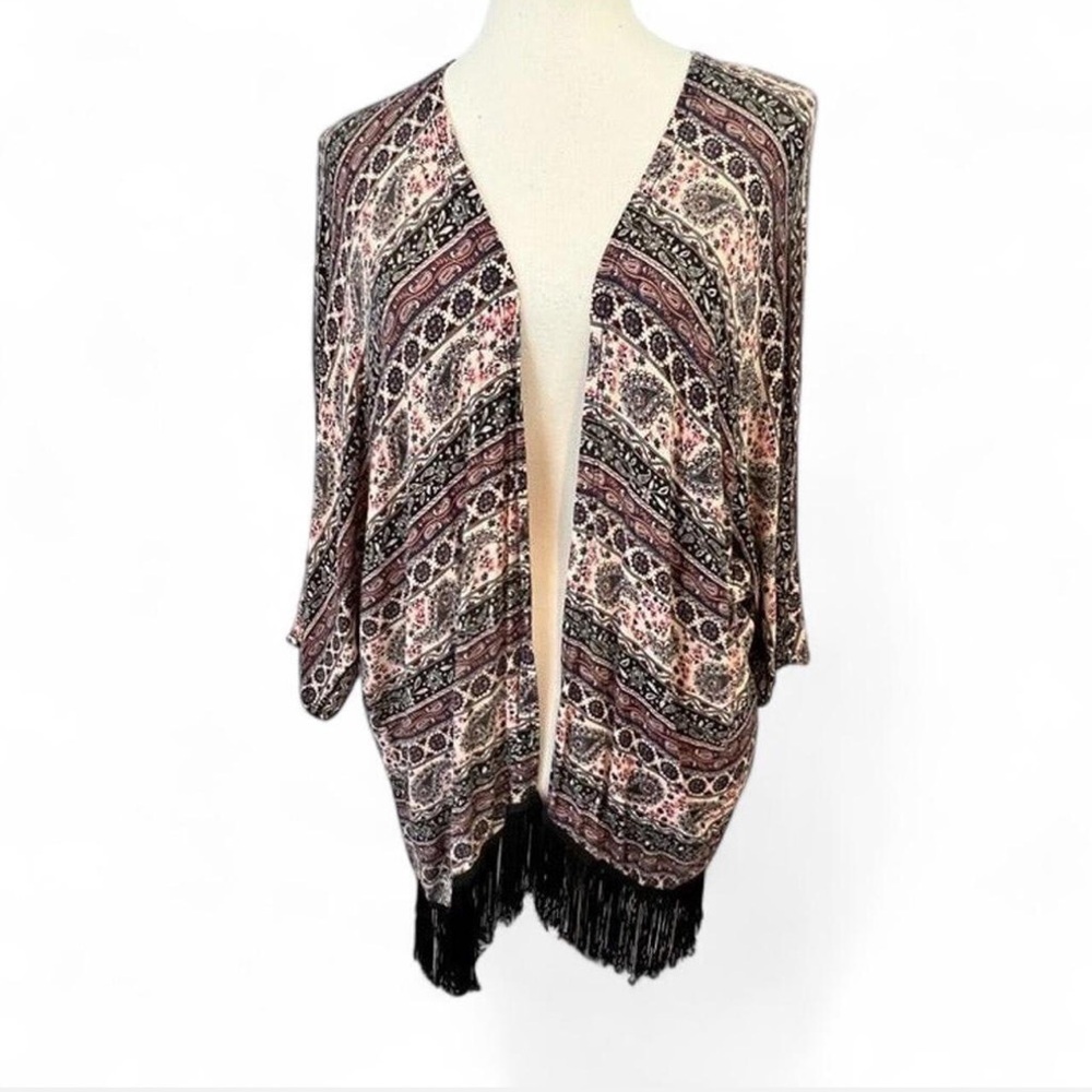 MAUVE Paisley Open Front Kimono Cardigan – Size Large – Fringe‎ Dolman Sleeve